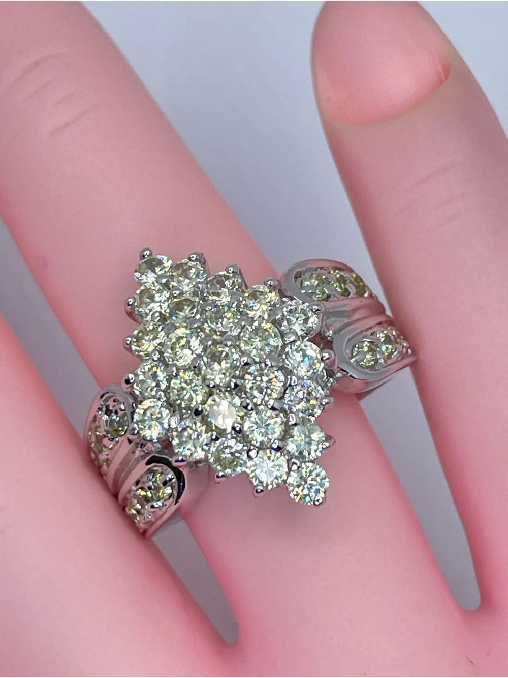Swarovski Crystal Elements Pale Yellow Art Deco Vintage Look Silver Ring Sz 7